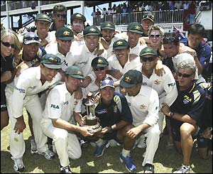 The Australian stars pose with the Frank Worrell Trophy for the series winners