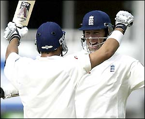 Mark Butcher and Marcus Trescothick celebrate victory