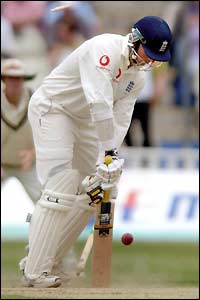 Marcus Trescothick is beaten by an Makhaya Ntini yorker