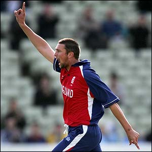 Harmison celebrates claiming the wicket of Hayden