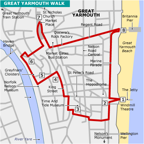 The route of the Great Yarmouth walk.