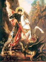 An armoured Saint George on a rearing white horse, using his lance to impale a small, gryphon-like dragon. A princess wearing a crown is faintly visible in the background