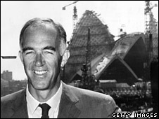 Jorn Utzon outside the Opera House in 1965