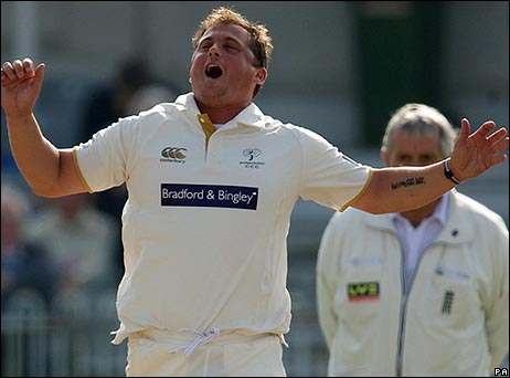 Gough taking one of his final wickets for Yorkshire