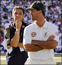 Michael Clark and Ricky Ponting after Ashes defeat by England at the Oval 23 August 2009