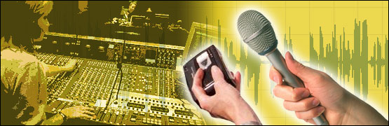 A woman working a radio desk, sound waves, a tape recorder and a microphone
