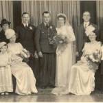 Left to right, Joseph and lily Ball, (parents), Freda Inwood and Betty Ball (bridesmaids), Peter Bullock (best man) Ivor and Una Ball, Hubert and Lucy Palmer (parents) Edna Palmer (bridesmaid) and Jeffrey Palmer (pageboy)