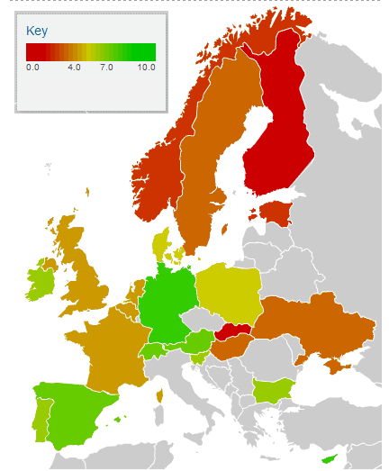 Map of self-esteem in different European countries