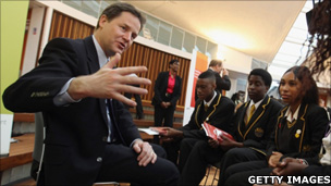 Deputy Prime Minister Nick Clegg talks to school pupils