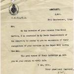 Letter received on release from Royal Navy service.