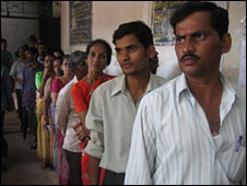 Voters at polling station in Mumbai