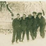 Flying Officer Jaak Vanderperren (r.) during the winter of 1944 with fellow pilots.(Location unknown)