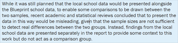 While it was still planned that the local school data would be presented alongside the Blueprint school data, to enable some comparisons to be drawn between the two samples, recent academic and statistical reviews concluded that to present the data in this way would be misleading, given that the sample sizes are not sufficient to detect real differences between the two groups. Instead, findings from the local school data are presented separately in the report to provide some context to this work but do not act as a comparison group.