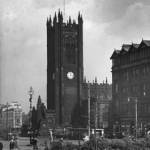 The west end of Manchester Cathedral, early 1950s, with Air Raid shelter.