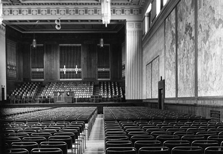The Brangwyn Hall in Swansea, in 1949, with the panels visible on the right