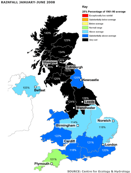 Map showing rainfall in the UK from January-June 2008