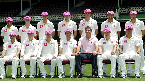 Australia's team line up in Baggy Pink caps