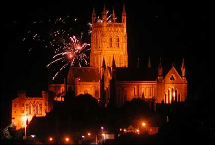 Fireworks over Worcester cathedral 