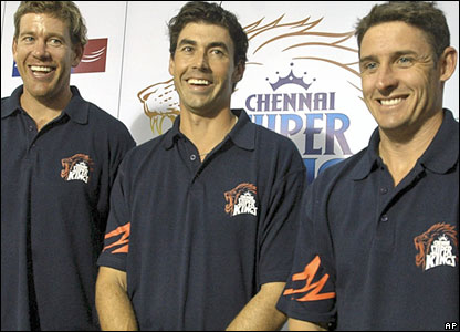 Chennai Super Kings cricketers Jacob Oram, Stephen Fleming and Michael Hussey