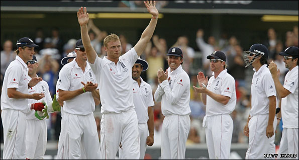 Andrew Flintoff takes the congratulations after England's win