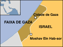 Mapa de Moshav Ein Hab-Sor e Cidade de Gaza